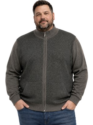 Battal Moda Erkek Büyük Beden Koyu Vizon Arven Dik Yaka Cepli Triko Hırka 5xl-6xl-7xl-8xl