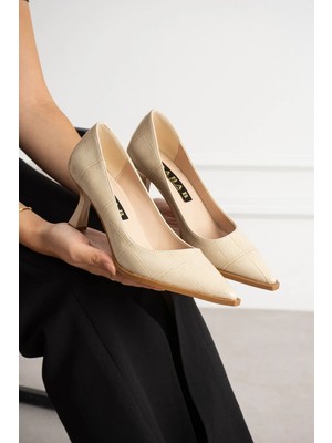 Dabab Shoes Nılay Kadın Bej Kroko Rugan Sivri Burun 7 cm Ince Topuklu Stiletto Ayakkabı