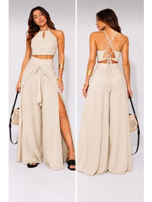 Meride Fashion Crop Bluz Sırtı Bağlamalı ve Bol Paça Pantolon Takım Aerobin Kumaş