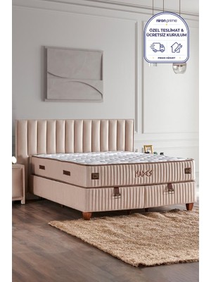 Niron Yatak Hades Yatak Baza ve Başlık Seti 140x190 cm Çift Kişilik Paket Yaylı Lüks Yatak Krem Baza Başlık