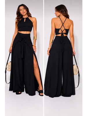 Meride Fashion Crop Bluz Sırtı Bağlamalı ve Bol Paça Pantolon Takım Aerobin Kumaş