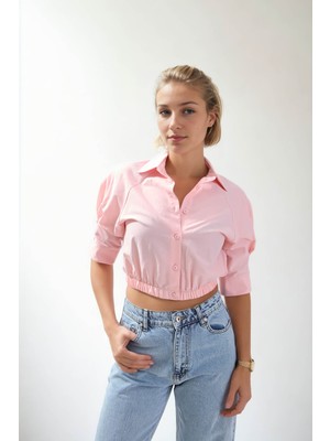 Vitrin Beli Lastikli Crop Gömlek