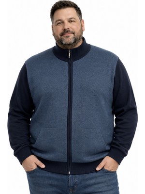 Battal Moda Erkek Büyük Beden Lacivert Arven Dik Yaka Cepli Triko Hırka 5xl-6xl-7xl-8xl