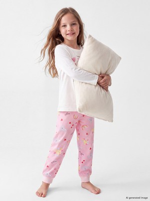 Lcw Kids Ekru Bisiklet Yaka Baskılı Kız Çocuk Pijama Takım