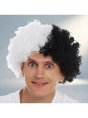 Eğlenceli Kıvırcık Afro Peruk Siyah Beyaz Taraftar Stili