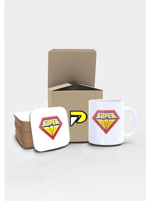 Postermanya Super Dad Baba Tasarımlı Baskılı Kupa Bardak Seti Mug (Babalar Günü Hediyesi, Babaya Hediye)