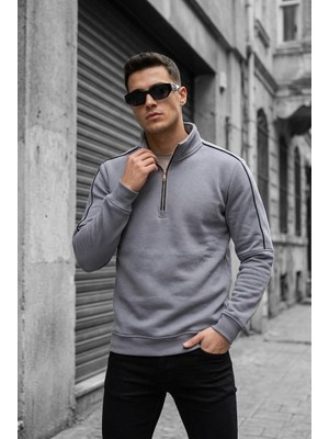 Oksit Nory Üç Iplik Pamuk Erkek Yarım Fermuarlı Şerit Detaylı Dik Yaka Slim Fit Sweatshirt