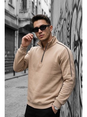 Oksit Nory Üç Iplik Pamuk Erkek Yarım Fermuarlı Şerit Detaylı Dik Yaka Slim Fit Sweatshirt