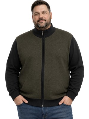 Battal Moda Battalmoda Erkek Büyük Beden Haki Arven Dik Yaka Cepli Triko Hırka 5xl-6xl-7xl-8xl