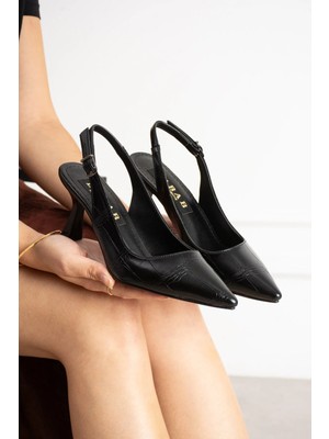 Dabab Shoes Nılda Kadın Siyah Kroko Rugan Sivri Burun Slingback 7 cm Ince Topuklu Ayakkabı