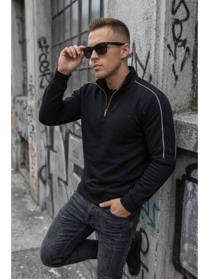 Oksit Nory Üç Iplik Pamuk Erkek Yarım Fermuarlı Şerit Detaylı Dik Yaka Slim Fit Sweatshirt