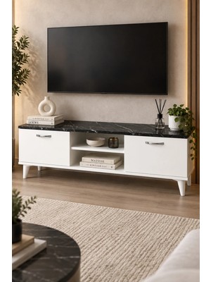 ES138 Beyaz - Mermer Desenli - Raflı Tv Ünitesi 138 cm