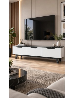 ES186 Tv Ünitesi Mermer Desenli Beyaz Gövdeli 180CM Yüksek Ayaklı
