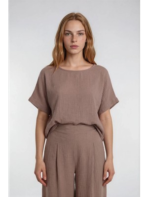Vitrin Kısa Kol Oversize Keten Bluz
