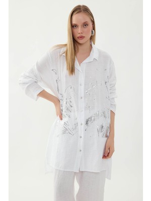 Vitrin Oversize Baskılı Keten Gömlek