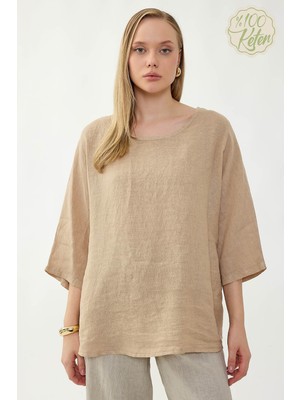 Vitrin %100 Keten Geniş Yaka Oversize Kısa Kol Bluz