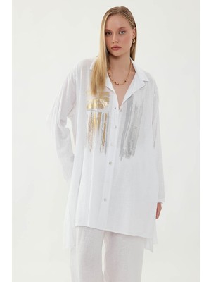 Vitrin Oversize Baskılı Keten Gömlek