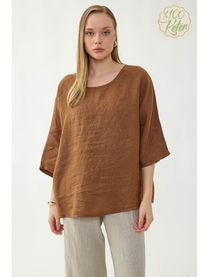 Vitrin %100 Keten Geniş Yaka Oversize Kısa Kol Bluz