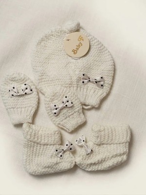 Ekinshop Triko 3 Lü Bebek Bere Eldiven Çorap Set Beyaz