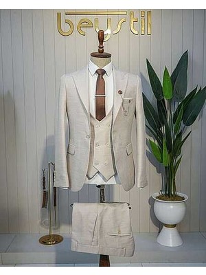 Beystil Sivri Yaka Krem Yelekli Kırçıllı Takım Elbise Storm- Slim Fit