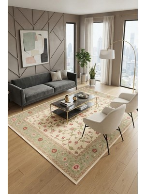Has 1950 Pembe Çiçek Desenli Krem Dijital Baskı Salon ve Oturma Odası Halısı