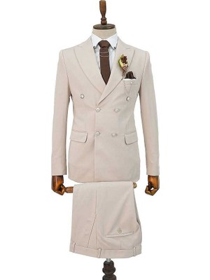 Beystil Sivri Yaka Bej Kruvaze Takım Elbise Petek - Slim Fit