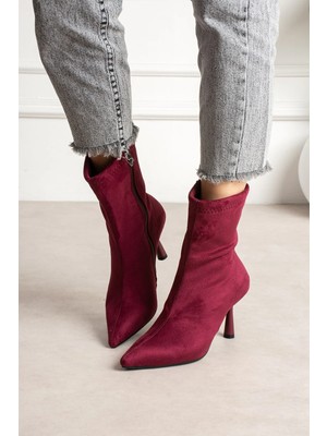 Dabab Shoes Marya Kadın Bordo Streç Lüks Süet Sivri Burun Sıcak Astarlı Fermuarlı 7 cm Ince Topuklu Bot Bootie