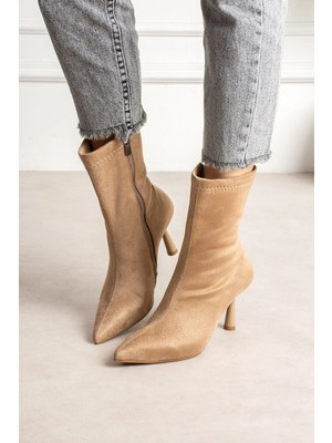 Dabab Shoes Marya Kadın Vizon Streç Lüks Süet Sivri Burun Sıcak Astarlı Fermuarlı 7 cm Ince Topuklu Bot Bootie
