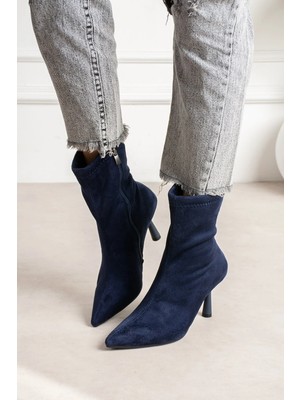 Dabab Shoes Marya Kadın Lacivert Streç Lüks Süet Sivri Burun Sıcak Astarlı Fermuarlı 7 cm Ince Topuklu Bot Bootie