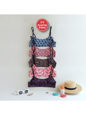Bonbon Kadın Balensiz Desteksiz Scoop Bralet 5 Renk 5'li Paket Avantaj Paket Leopar Mavi Pembe Çiçek Geometri Desenli Sütyen BB2817