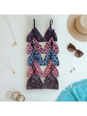 Bonbon Kadın Balensiz Desteksiz Üçgen Bralet 5 Renk 5'li Paket Leopar Mavi Pembe Çiçek Geometri Desenli Sütyen BB2818