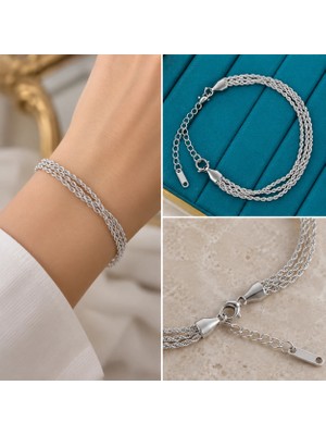 Fm 💎 Premium Parlak ve Şık Gümüş Renk 316L Çelik Üç Sıralı Burgu Zincir Kadın Bileklik (~22cm)
