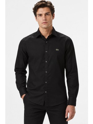 Lacoste Men's Slim Fit Button-Down Collar Linen Shirt Erkek Düğmeli Yaka Pamuklu Gömlek Siyah