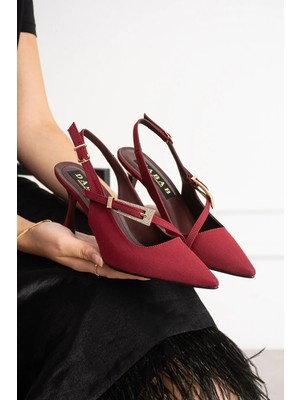 Dabab Shoes Merva Kadın Bordo Saten Sivri Burun Taşlı Toka Detaylı Çapraz Bantlı 7 cm Ince Topuklu Slingback Abiye Ayakkabı