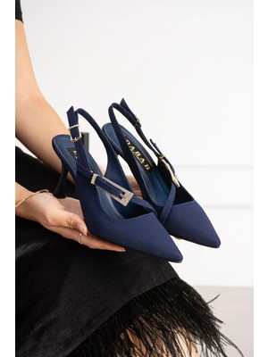 Dabab Shoes Merva Kadın Lacivert Saten Sivri Burun Taşlı Toka Detaylı Çapraz Bantlı 7 cm Ince Topuklu Slingback Abiye Ayakkabı