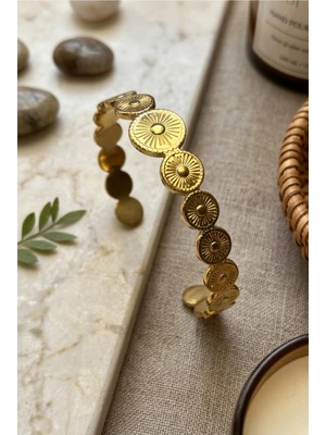 Velcari Kadın Rozet Güneş Motifli Gold Renk Dizili Cuff Bileklik