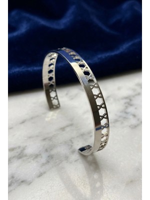 Velcari Kadın Geometrik Yıldız Desenli Gümüş Renk İnce Cuff Bileklik