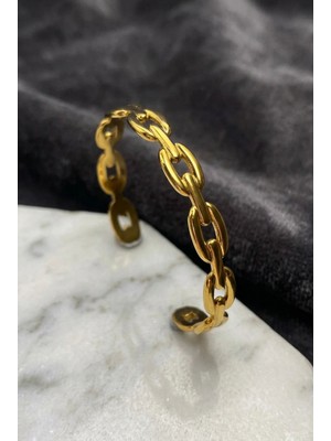Velcari Kadın Kalın Zincir Halkali Gold Renk Cuff Bileklik