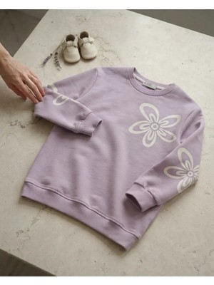 Lila Çiçek Baskılı Kız Sweatshirt Modeli