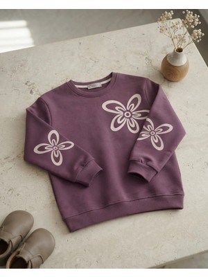 Çiçek Baskılı Mürdüm Kız Çocuk Sweatshirt