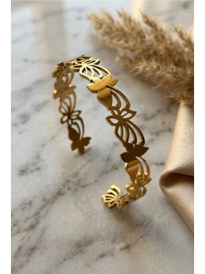 Velcari Kadın Dizili Kelebek Motifli Gold Renk Ayarlanabilir Bileklik