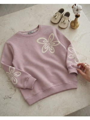 Çiçek Baskılı Gül Kurusu Kız Sweatshirt Modeli