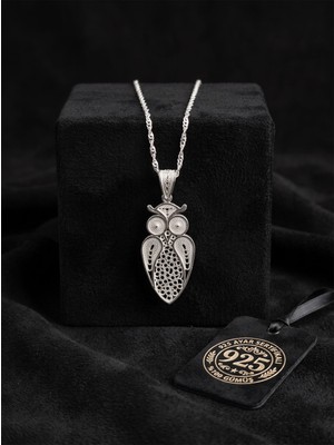 Roza Silver 925 Ayar Geleneksel Telkari El Işçiliği Baykuş Motifli Gümüş Kolye