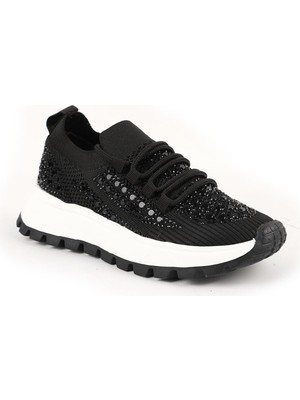 Libero Kadın Sneaker Kalın Tabanlı Taşlı Triko Spor Ayakkabı Siyah/ten L085.K201