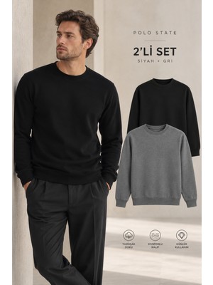 Polo State Erkek 2’li Set Bisiklet Yaka Basic Sweatshirt Siyah & Antrasit