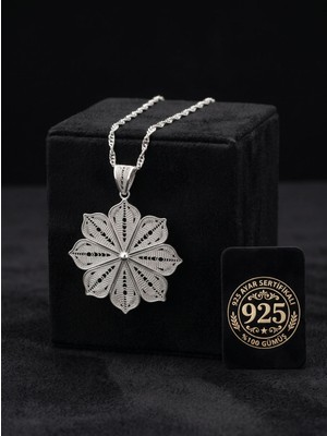 Roza Silver 925 Ayar Geleneksel Telkari El Işçiliği Çiçek Motifli Madalyon Gümüş Kolye