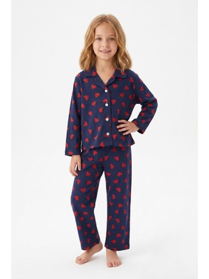 Pistyle Kız Çocuk Düğmeli Kalp Baskılı %100 Pamuk Süprem Kumaş Reaktif Boyama Uzun Kollu Pijama Takımı