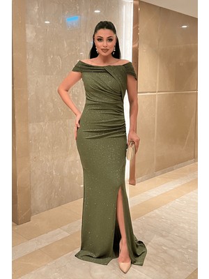 Giyimmasalı Simli Kumaş Tasarım Drape Detaylı Abiye Elbise - Haki YEŞİLİ-GYM-41207