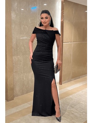 Giyimmasalı Simli Kumaş Tasarım Drape Detaylı Abiye Elbise - SİYAH-GYM-41207