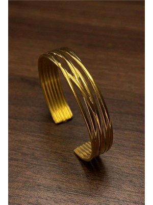Velcari Kadın Çok Çizgili Yiv Dokulu Gold Renk Ayarlanabilir Geniş Bileklik
